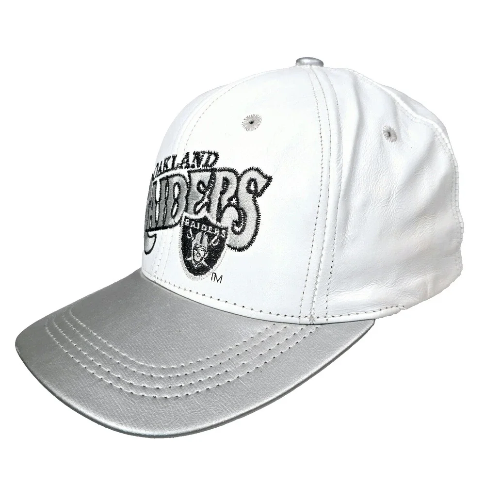 Vintage NFL Branded Oakland Raiders Leather Strapback Cap White, Silver, USA